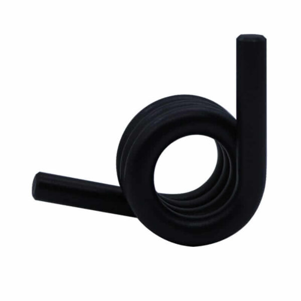 Front view of precision black torsion spring made from alloy steel