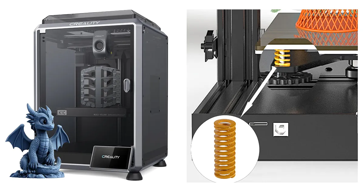Close-up of yellow JIS die springs and a 3D printer heated bed showing the crucial upgrade for bed leveling and print quality.