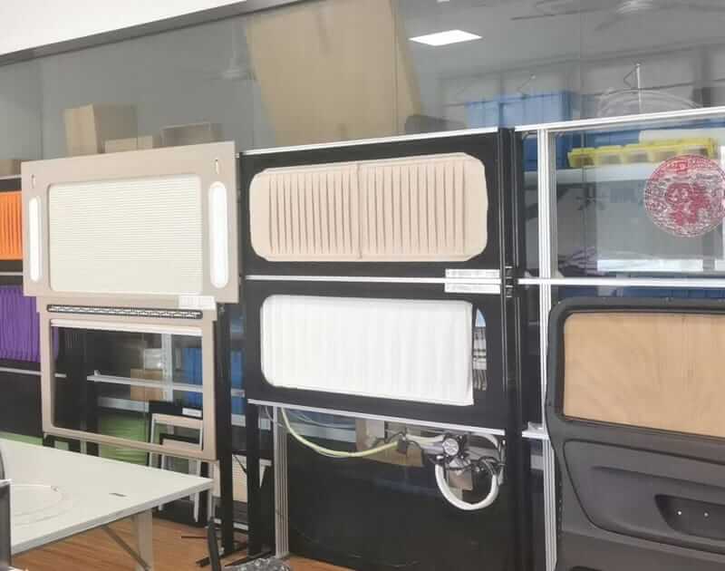 Automotive curtain samples and frames used for testing and display at the client’s facility