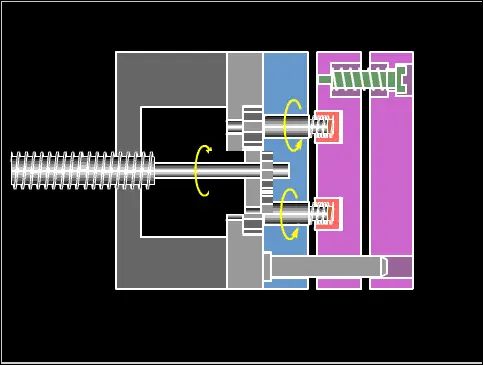 Cross-section diagram of injection mold assembly showing spring placement and movement paths