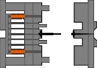 Technical diagram of injection mold ejector pin return spring system showing ejection mechanism