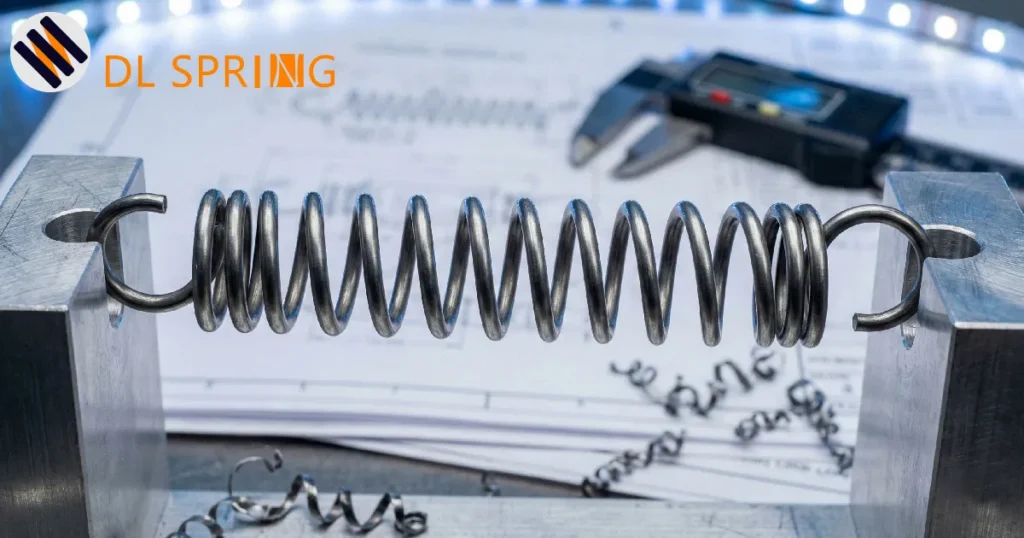 igh-precision steel extension spring under tension, set against a background of engineering blueprints, digital calipers, and metal shavings, illustrating precision manufacturing and engineering testing